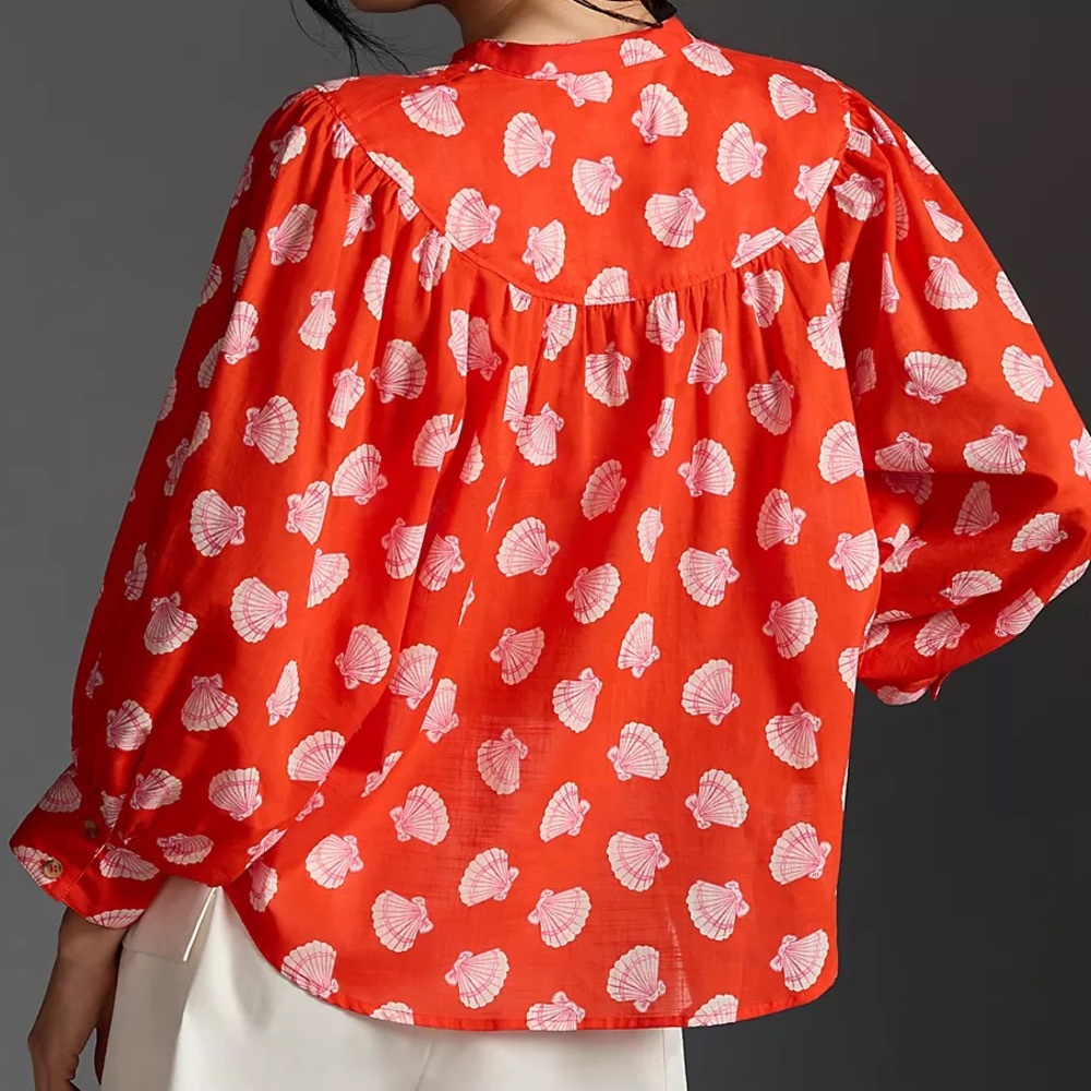 Maeve Anthropologie Shell Print red Women's puff sleeve button down blouse S - Picture 5 of 7